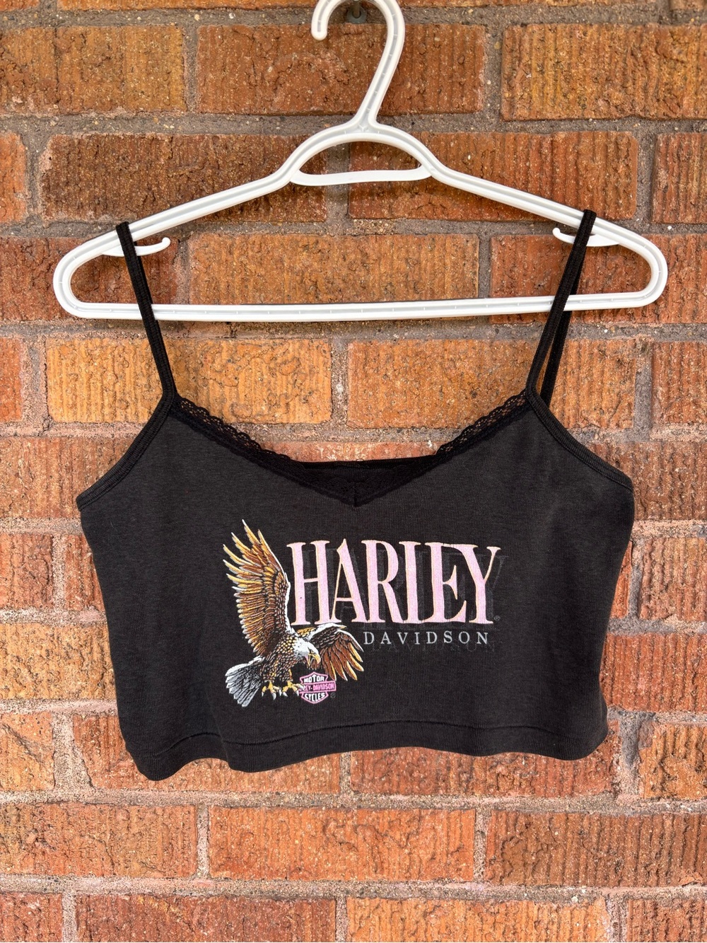 Vintage 1980s-90s Harley Davidson Women’s Cropped Lace Cami Tank Top Black Sz M